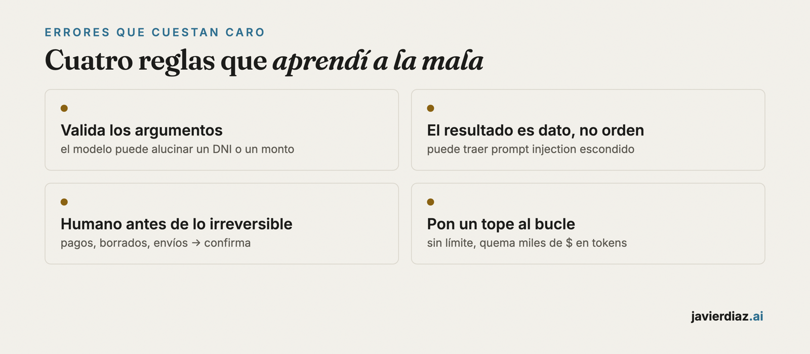 Cuatro errores caros en function calling: validar argumentos, tratar el resultado como dato, HITL y tope al bucle